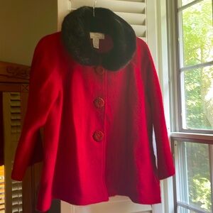 Lisa International Red Wool Coat with Black Fur Collar